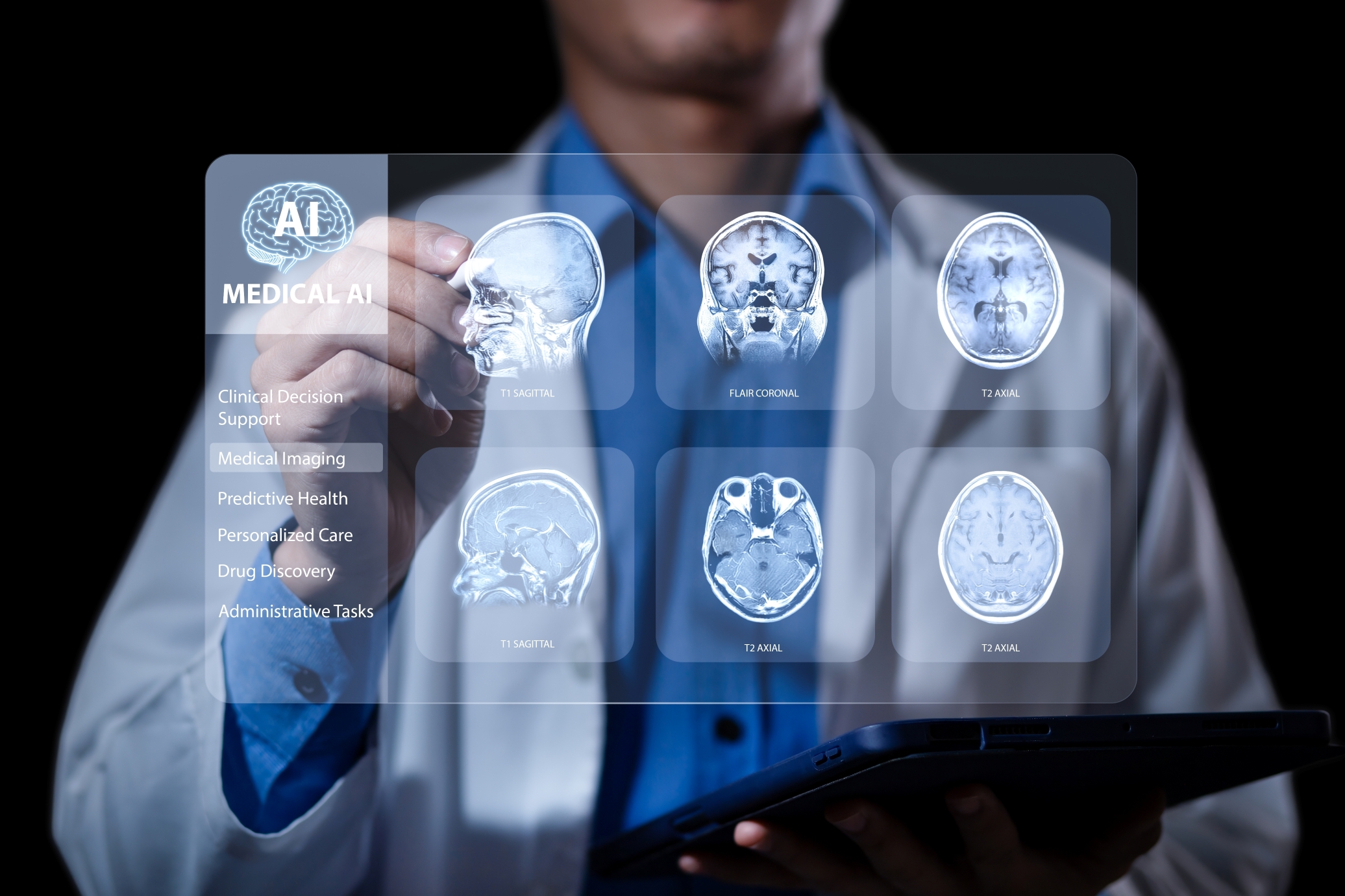 Close up of a doctor with radiological imaging scans in front of him